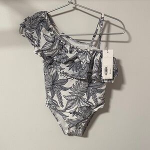 Janie and Jack Black and White Leaf One-Shoulder Swimsuit